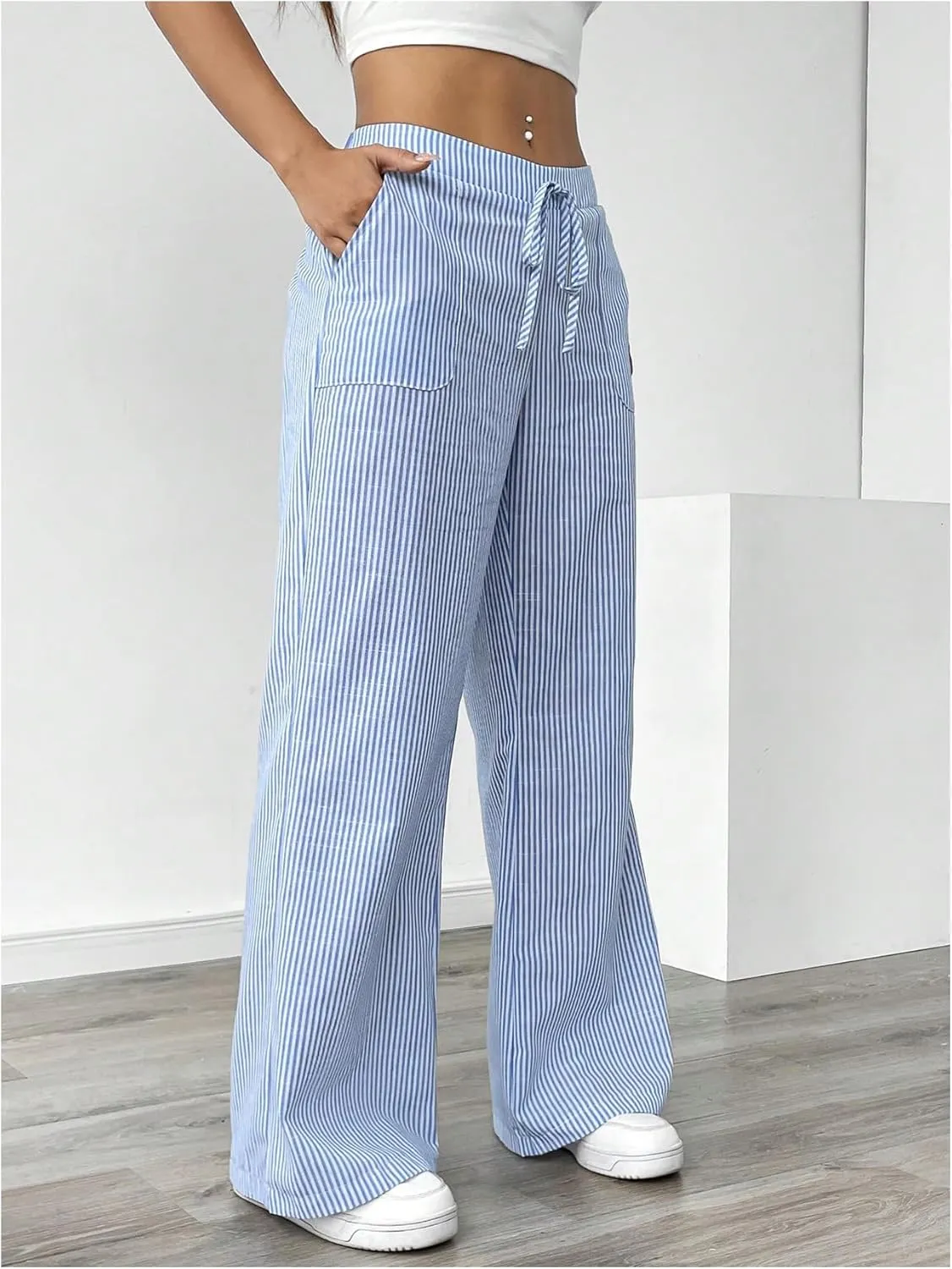 GORGLITTER Women's Striped Wide Leg Pants Drawstring Waist Lounge Pants Straight Leg Slant Pocket Trousers