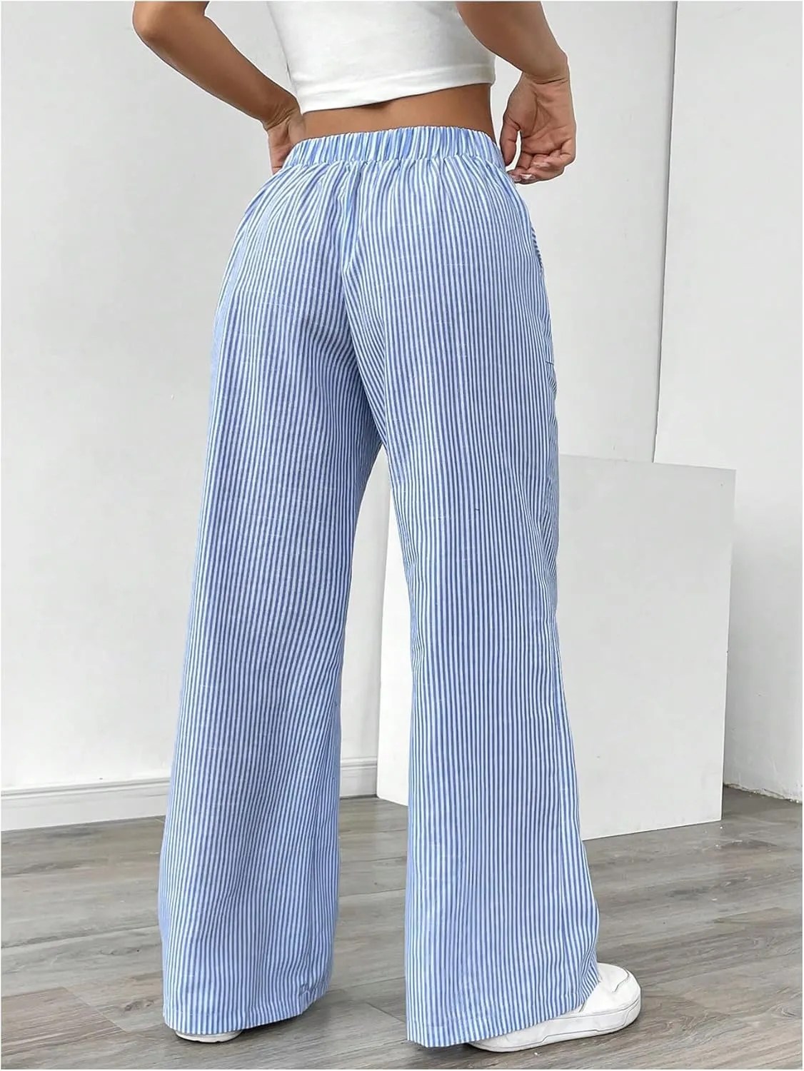 GORGLITTER Women's Striped Wide Leg Pants Drawstring Waist Lounge Pants Straight Leg Slant Pocket Trousers