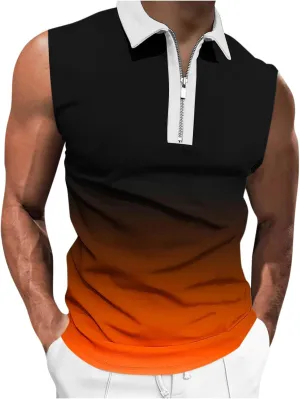 Gradient Zip Collared Tank Tops for Men Trendy Muscle Sleeveless T Shirts Summer Casual Golf Training Workout Gym Top