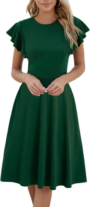 HELYO Women's Semi-Formal Ruffle Sleeves V-Back Work Fit and Flare Cocktail Wedding Guest Dress with Pockets 842