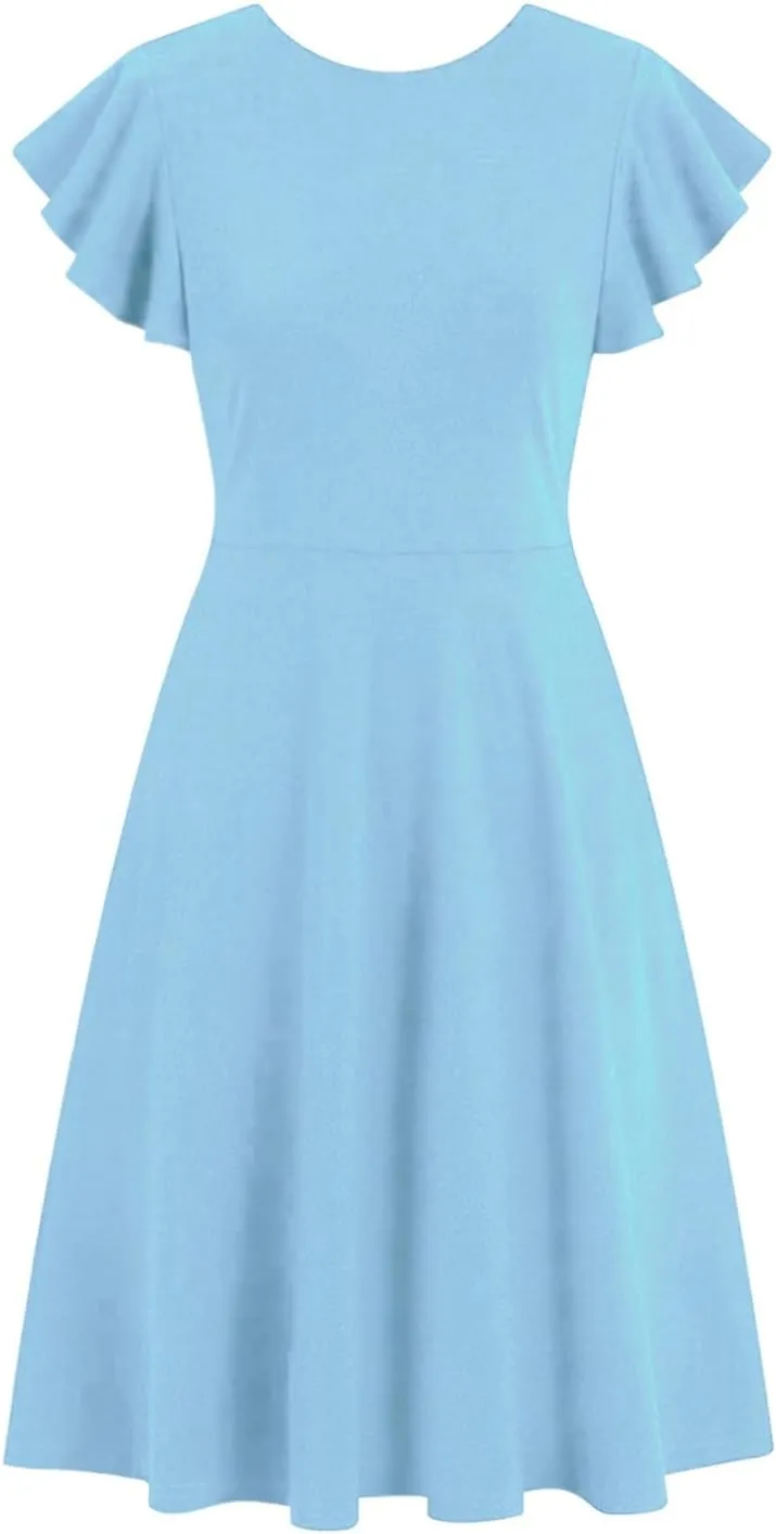 HELYO Women's Semi-Formal Ruffle Sleeves V-Back Work Fit and Flare Cocktail Wedding Guest Dress with Pockets 842