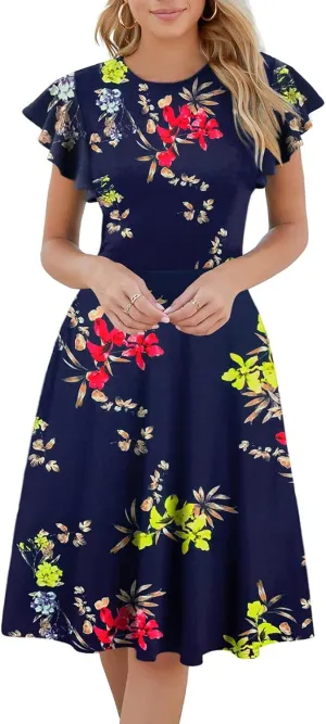 HELYO Women's Semi-Formal Ruffle Sleeves V-Back Work Fit and Flare Cocktail Wedding Guest Dress with Pockets 842