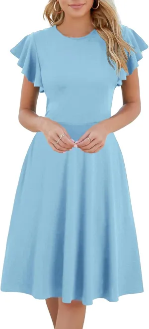 HELYO Women's Semi-Formal Ruffle Sleeves V-Back Work Fit and Flare Cocktail Wedding Guest Dress with Pockets 842