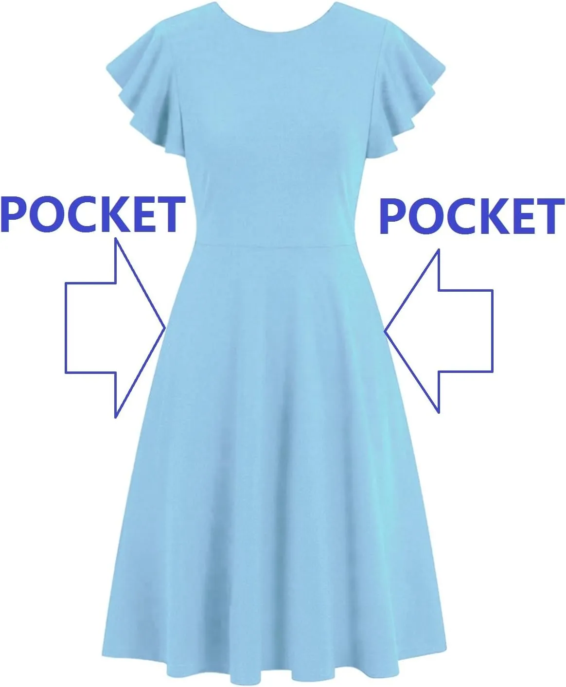 HELYO Women's Semi-Formal Ruffle Sleeves V-Back Work Fit and Flare Cocktail Wedding Guest Dress with Pockets 842