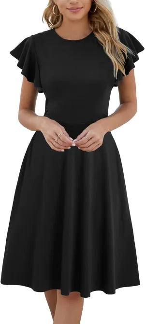 HELYO Women's Semi-Formal Ruffle Sleeves V-Back Work Fit and Flare Cocktail Wedding Guest Dress with Pockets 842