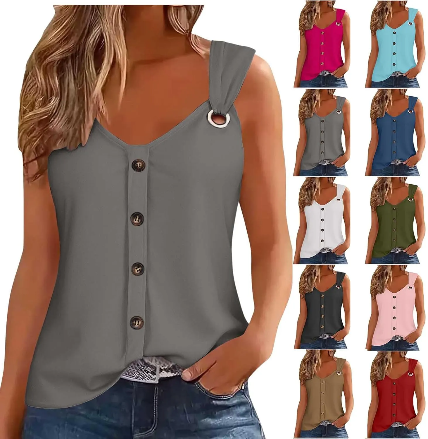 HGps8w Dressy V Neck Tank Tops for Women Casual 2025 Summer Sleeveless T-Shirt Loose Button Front Tunic Blouse