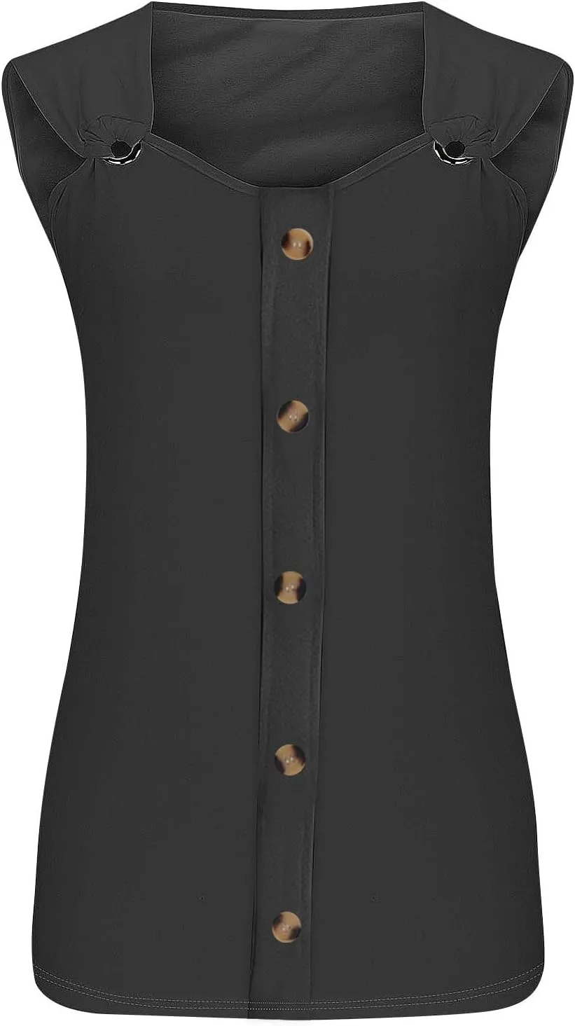 HGps8w Dressy V Neck Tank Tops for Women Casual 2025 Summer Sleeveless T-Shirt Loose Button Front Tunic Blouse