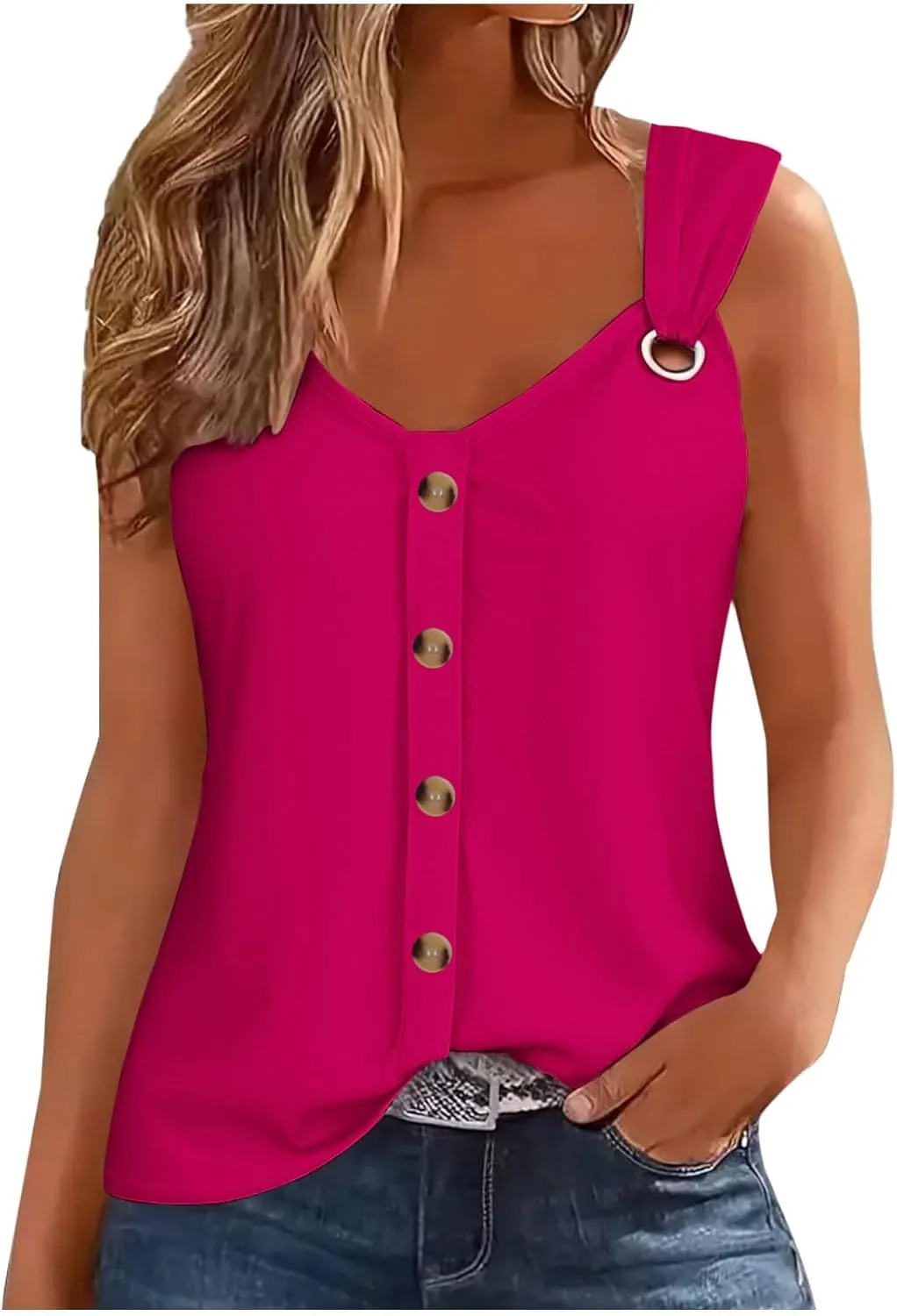 HGps8w Dressy V Neck Tank Tops for Women Casual 2025 Summer Sleeveless T-Shirt Loose Button Front Tunic Blouse