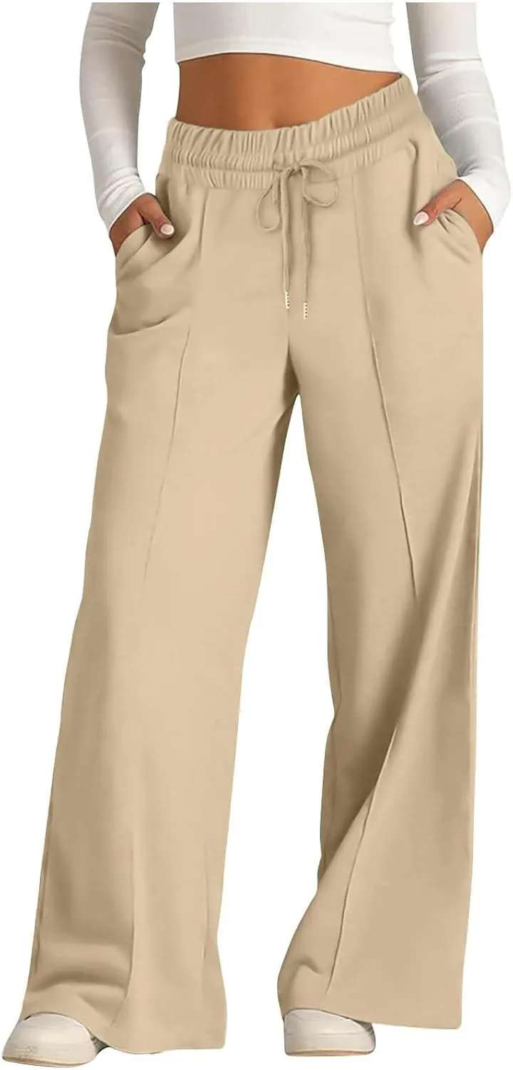 High Waist Pants Women Baggy Chino Pant Elastic Waist Casual Trousers Light Straight Leg Pants Lace Up Yoga Pants
