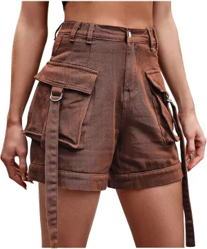 High Waisted Denim Shorts for Women - Y2K-Inspired Cutoff Jeans with Plus Pockets Jean Cargo Shorts for Summer Workout