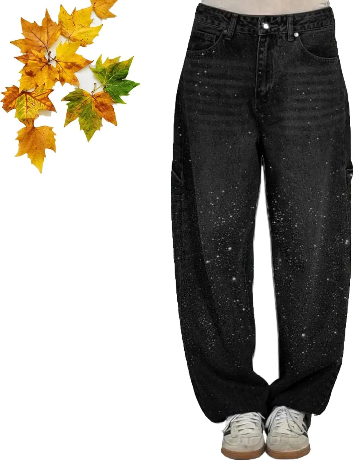 High Waisted Rhinestone Jeans for Women, Baggy Wide Straight Leg Casual Denim Pants Trousers, Wide Leg Bling Denim Pants