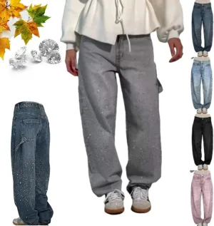 High Waisted Rhinestone Jeans for Women, Baggy Wide Straight Leg Casual Denim Pants Trousers, Wide Leg Bling Denim Pants