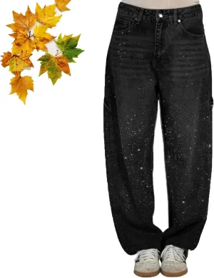 High Waisted Rhinestone Jeans for Women, Baggy Wide Straight Leg Casual Denim Pants Trousers, Wide Leg Bling Denim Pants