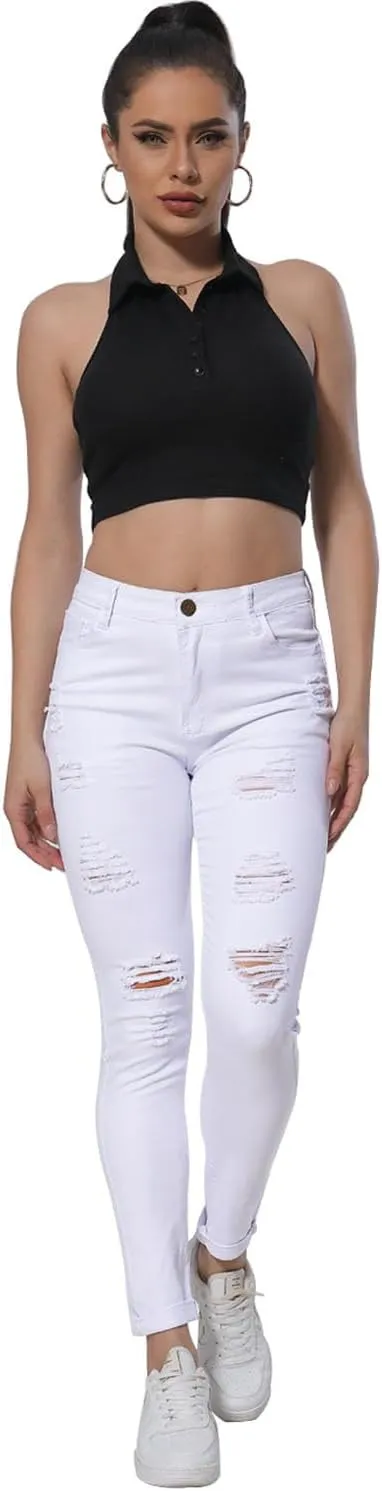HUNGSON Women Low Waist Skinny Stretch Ripped Jeans Destroyed Denim Pants