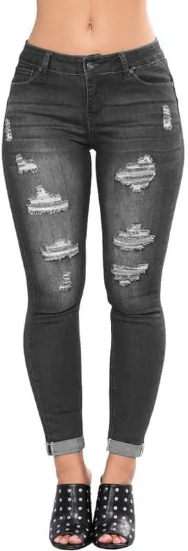 HUNGSON Women Low Waist Skinny Stretch Ripped Jeans Destroyed Denim Pants