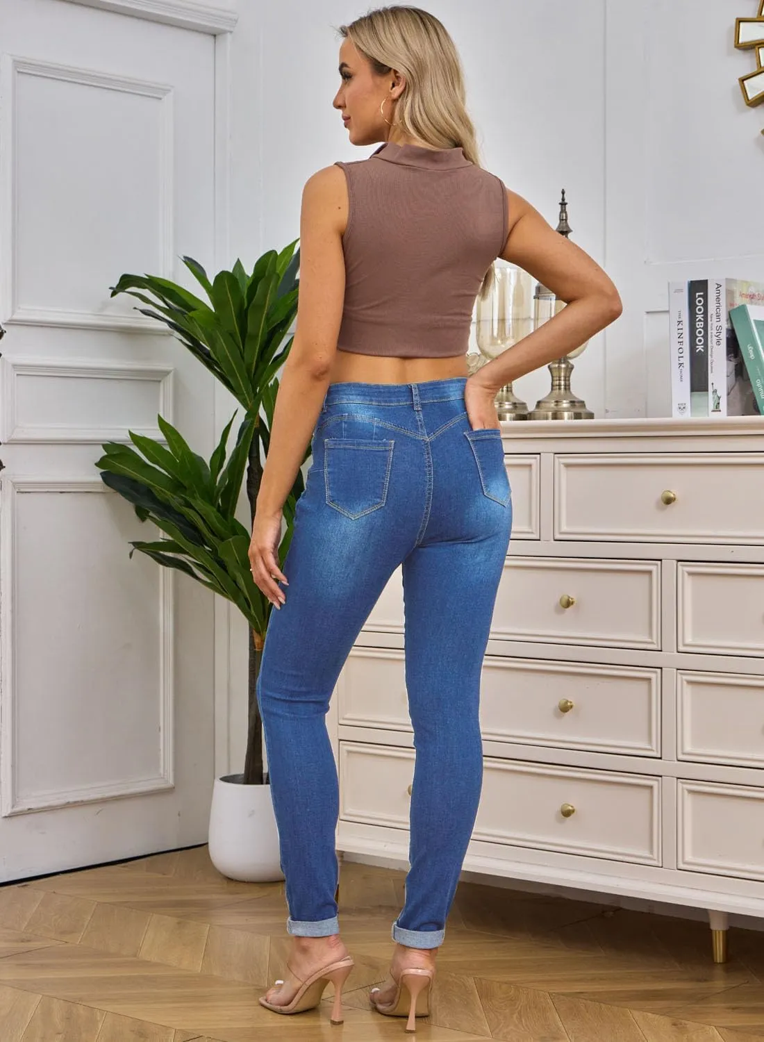 HUNGSON Women Low Waist Skinny Stretch Ripped Jeans Destroyed Denim Pants