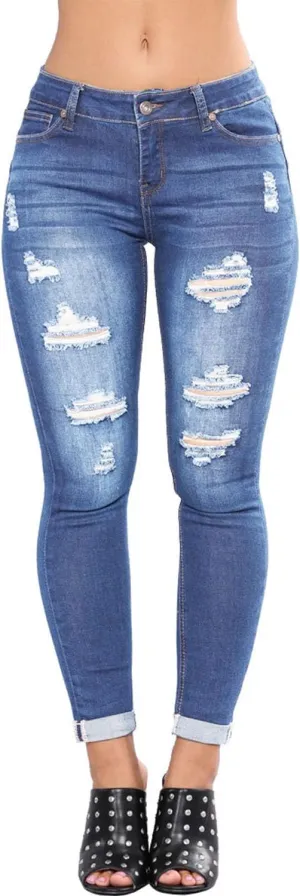 HUNGSON Women Low Waist Skinny Stretch Ripped Jeans Destroyed Denim Pants