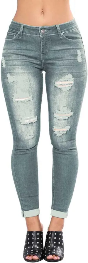 HUNGSON Women Low Waist Skinny Stretch Ripped Jeans Destroyed Denim Pants