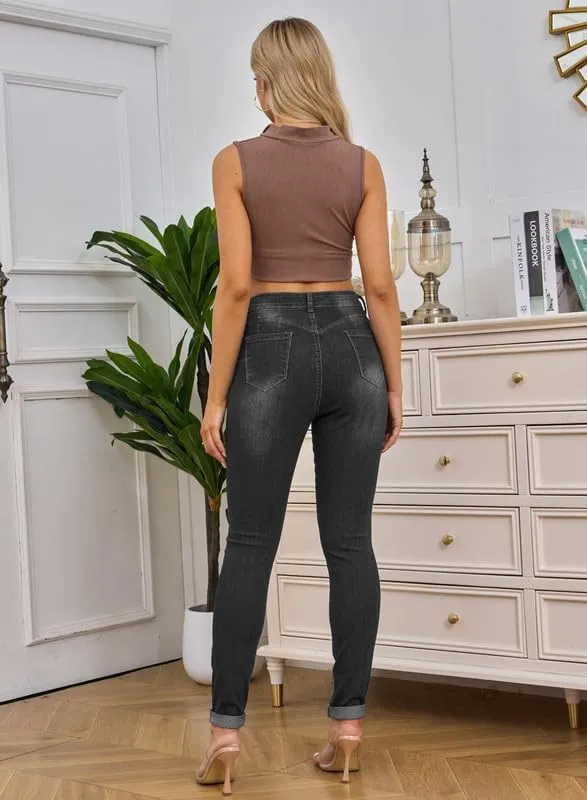 HUNGSON Women Low Waist Skinny Stretch Ripped Jeans Destroyed Denim Pants