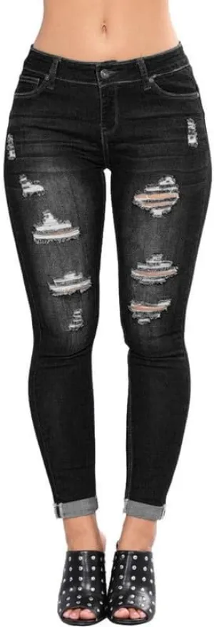 HUNGSON Women Low Waist Skinny Stretch Ripped Jeans Destroyed Denim Pants