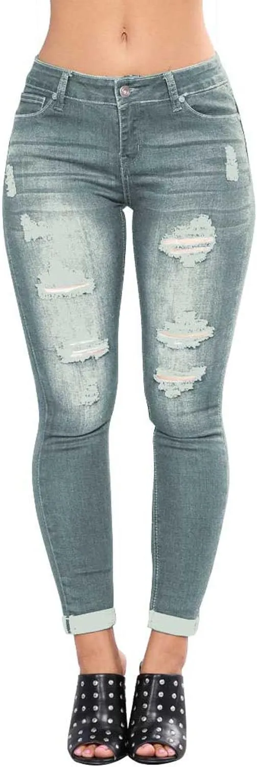 HUNGSON Women Low Waist Skinny Stretch Ripped Jeans Destroyed Denim Pants