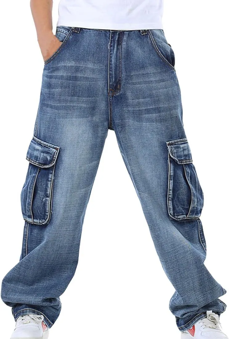 HZCX FASHION Mens Multi-Pockets Cargo Denim Pants Loose Fit Jeans for Big Tall