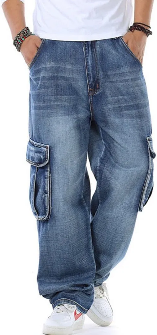 HZCX FASHION Mens Multi-Pockets Cargo Denim Pants Loose Fit Jeans for Big Tall