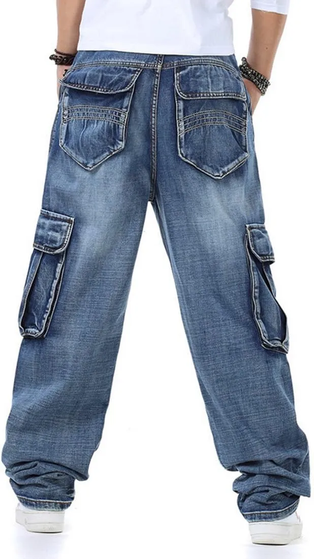 HZCX FASHION Mens Multi-Pockets Cargo Denim Pants Loose Fit Jeans for Big Tall
