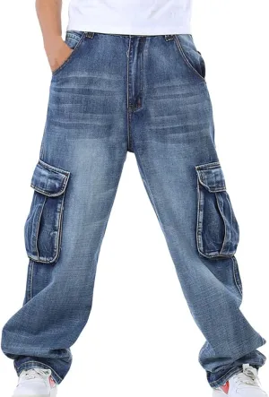 HZCX FASHION Mens Multi-Pockets Cargo Denim Pants Loose Fit Jeans for Big Tall