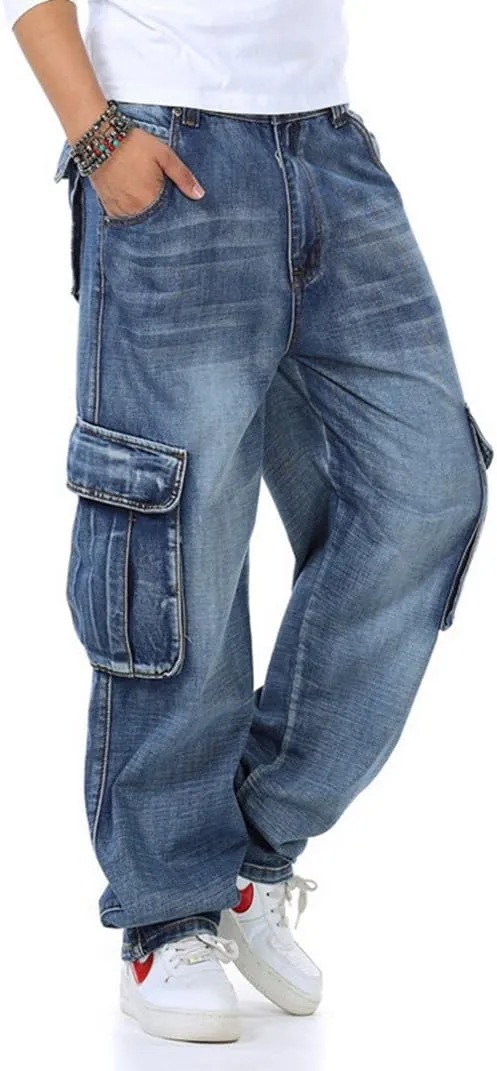 HZCX FASHION Mens Multi-Pockets Cargo Denim Pants Loose Fit Jeans for Big Tall