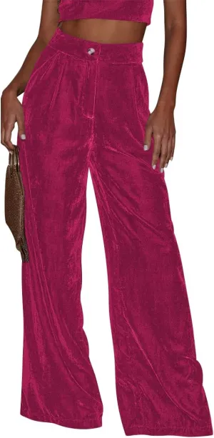 IBAKOM Velvet Pant for Women High Waist Wide Leg Palazzo Pants with Pocket Office Lady Fall Winter Xmas Flare Baggy Trouser