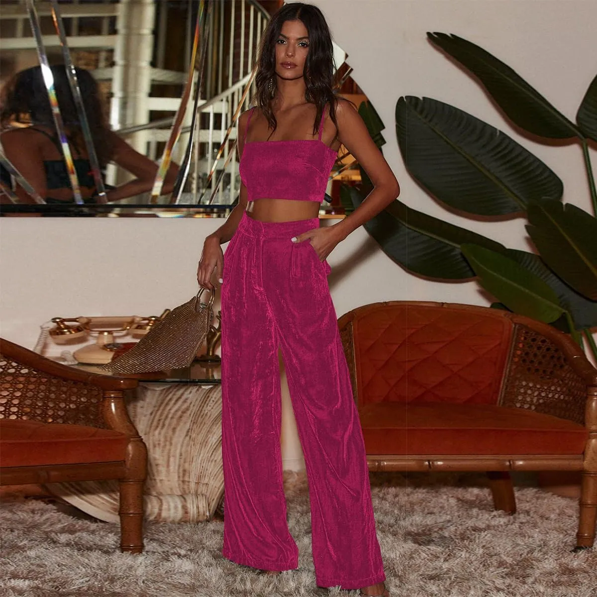 IBAKOM Velvet Pant for Women High Waist Wide Leg Palazzo Pants with Pocket Office Lady Fall Winter Xmas Flare Baggy Trouser