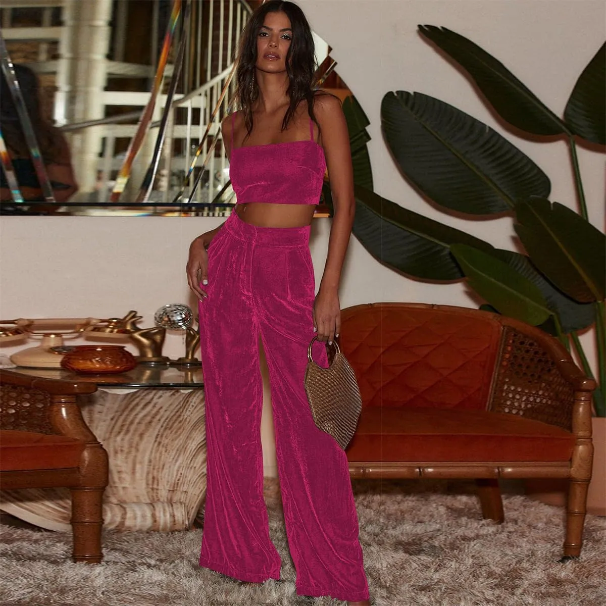 IBAKOM Velvet Pant for Women High Waist Wide Leg Palazzo Pants with Pocket Office Lady Fall Winter Xmas Flare Baggy Trouser