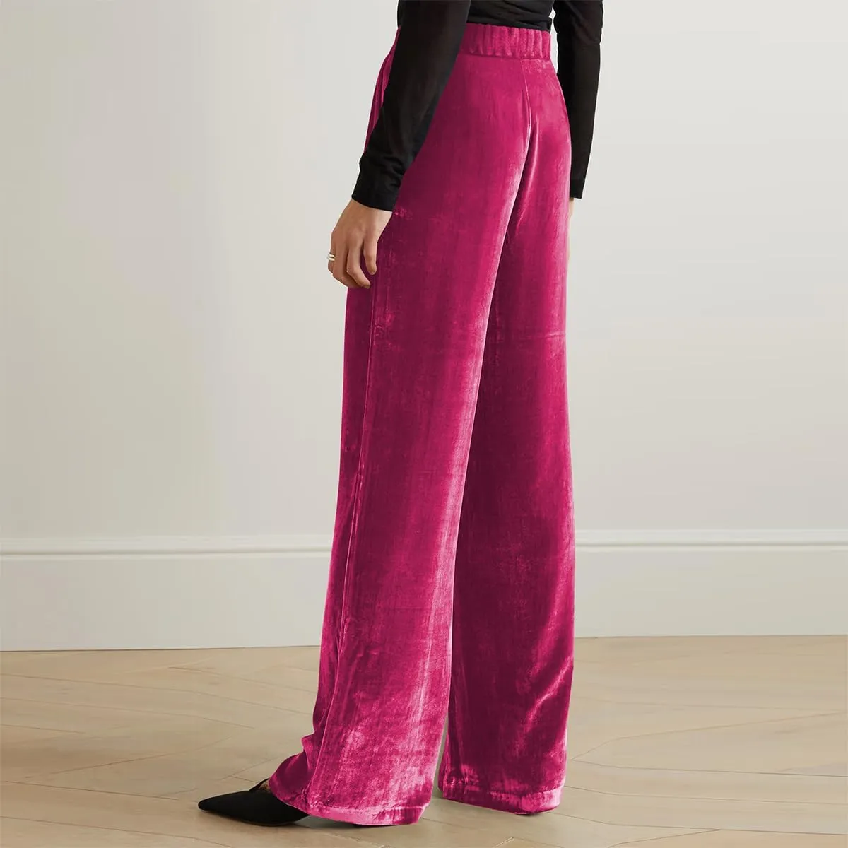 IBAKOM Velvet Pant for Women High Waist Wide Leg Palazzo Pants with Pocket Office Lady Fall Winter Xmas Flare Baggy Trouser
