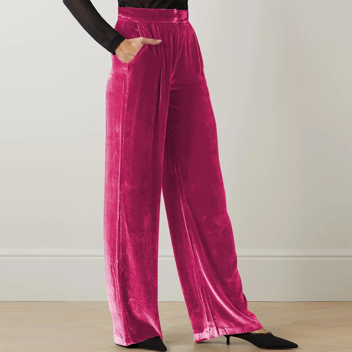 IBAKOM Velvet Pant for Women High Waist Wide Leg Palazzo Pants with Pocket Office Lady Fall Winter Xmas Flare Baggy Trouser