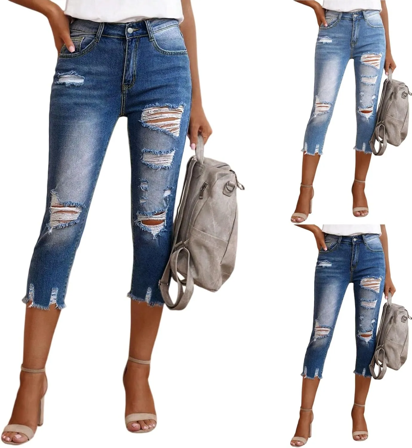 Jean Capris for Women Stretchy High Waisted Ripped Skinny Cropped Jeans Distressed Light Wash Denim Capri Leggings