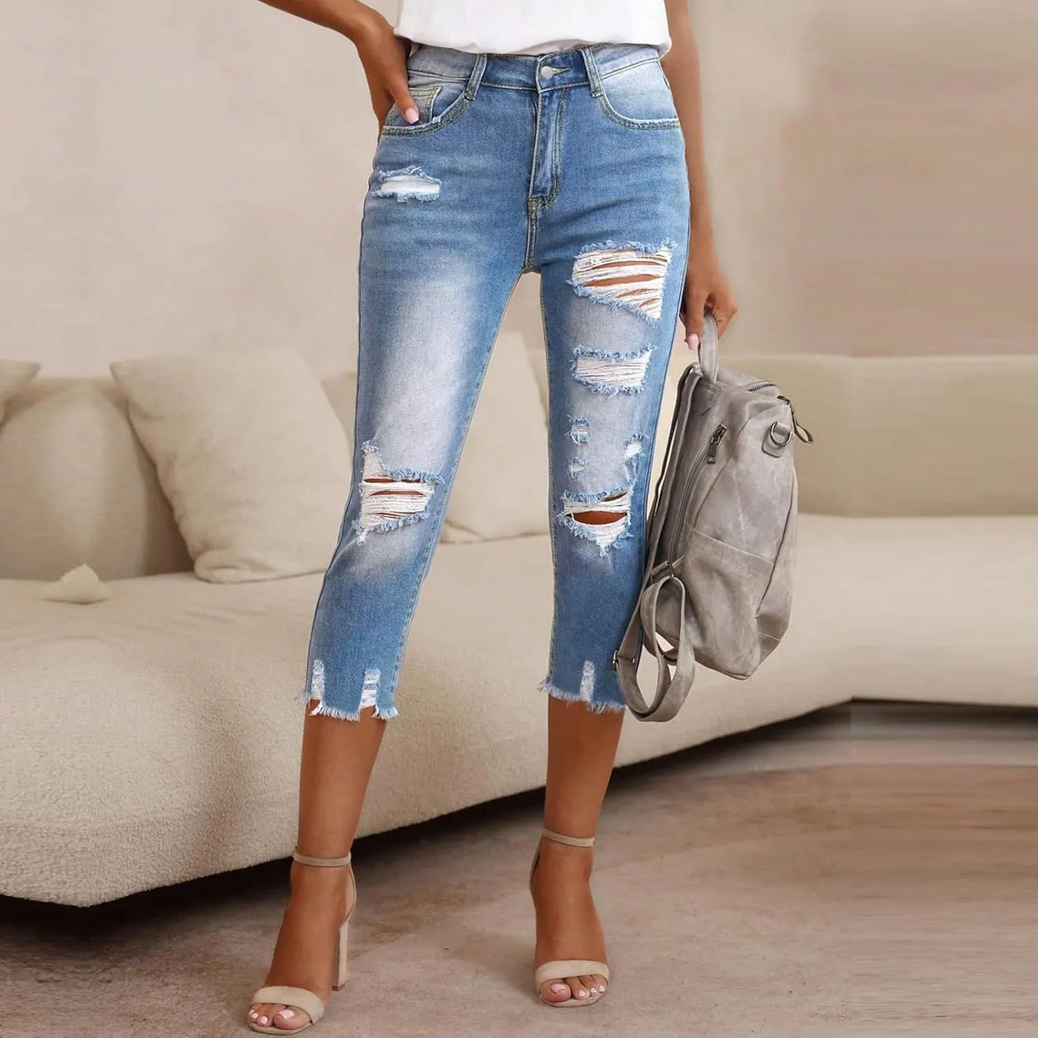 Jean Capris for Women Stretchy High Waisted Ripped Skinny Cropped Jeans Distressed Light Wash Denim Capri Leggings