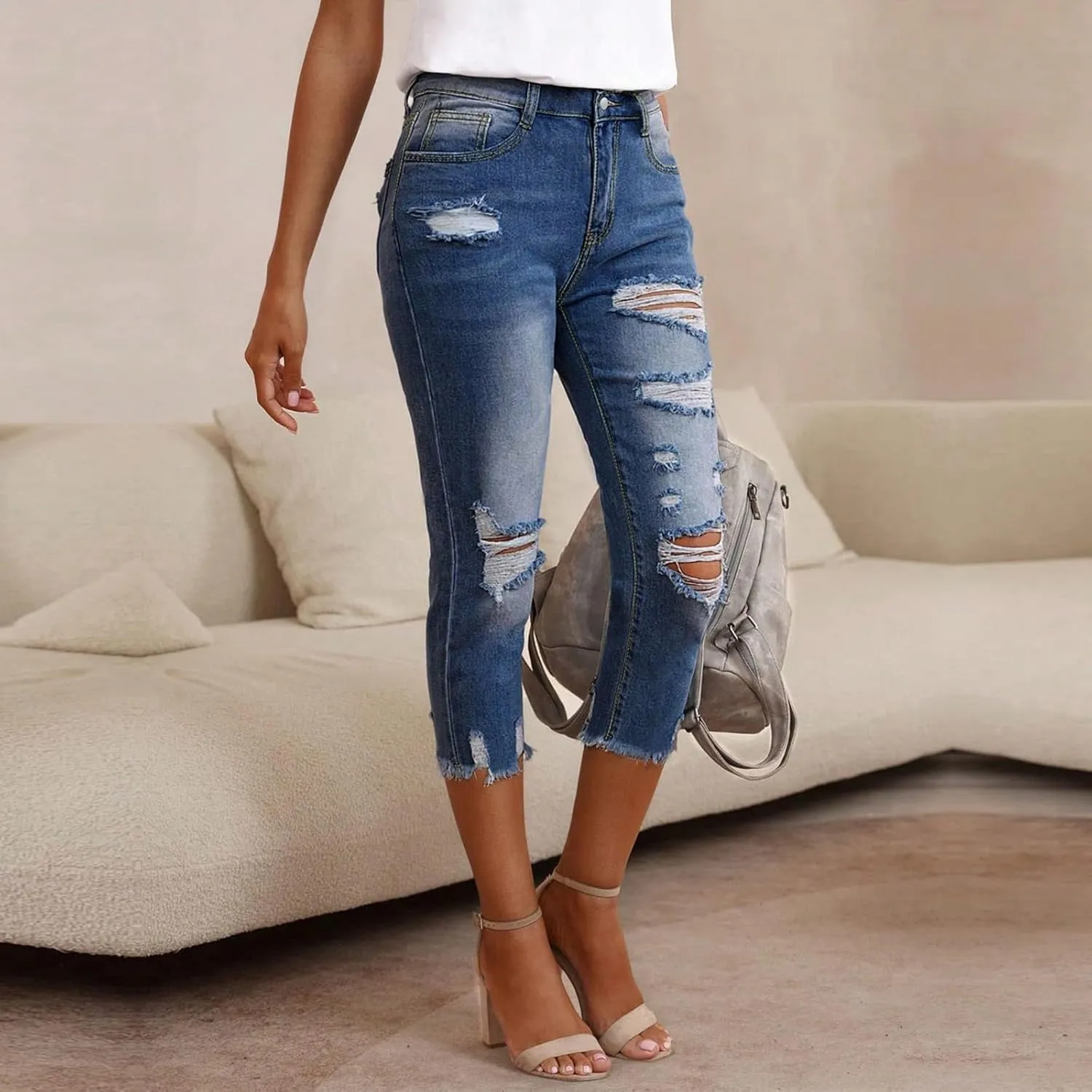 Jean Capris for Women Stretchy High Waisted Ripped Skinny Cropped Jeans Distressed Light Wash Denim Capri Leggings