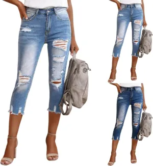 Jean Capris for Women Stretchy High Waisted Ripped Skinny Cropped Jeans Distressed Light Wash Denim Capri Leggings