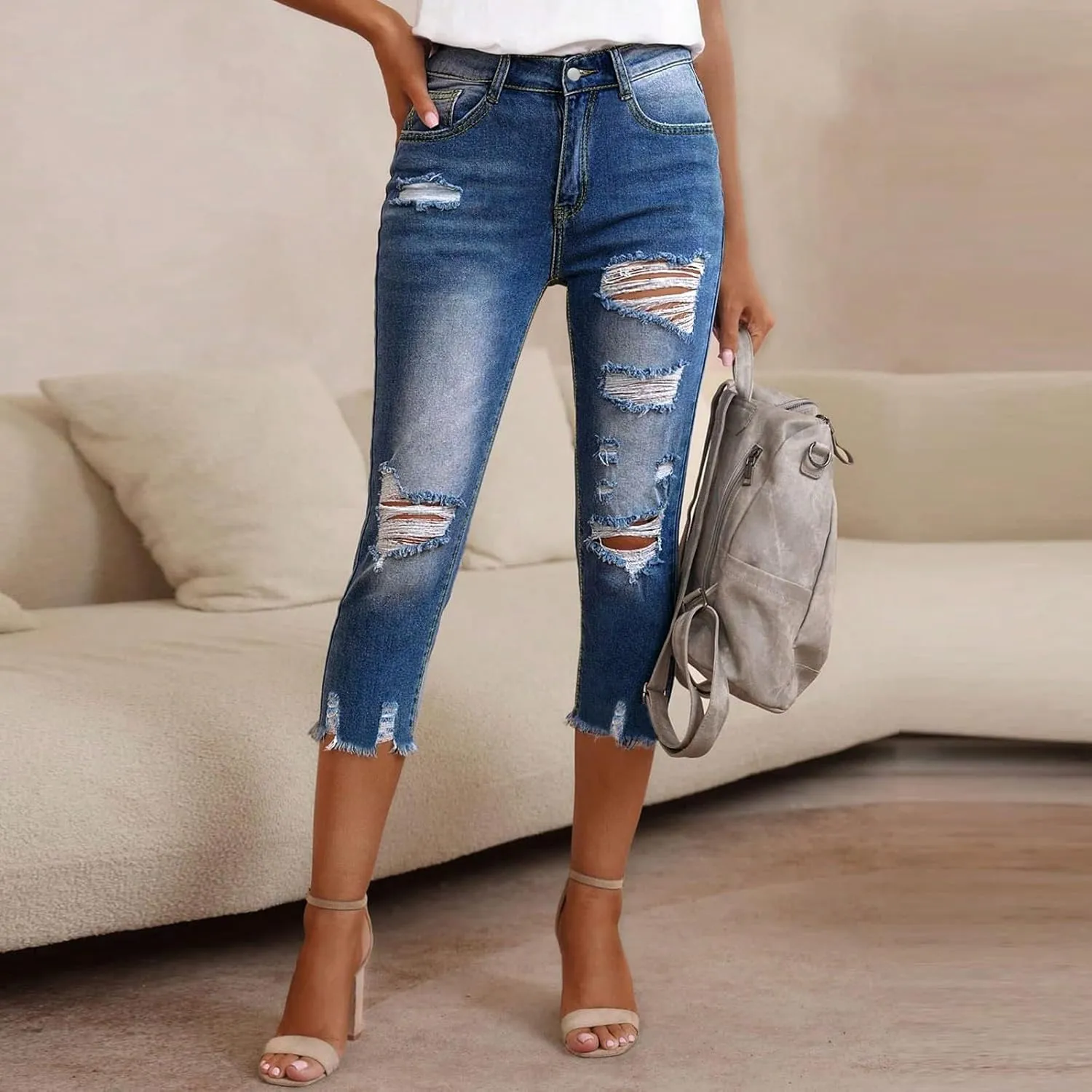Jean Capris for Women Stretchy High Waisted Ripped Skinny Cropped Jeans Distressed Light Wash Denim Capri Leggings