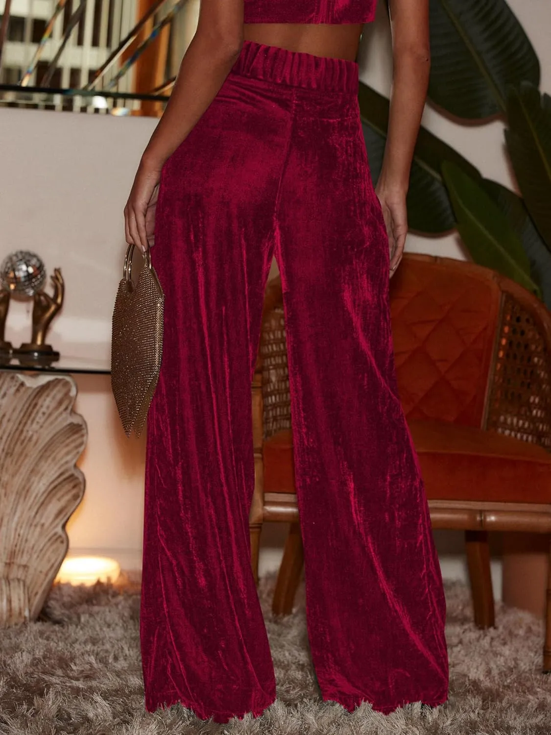 JUMISEE Womens Velvet Wide Leg Pants Elastic High Waisted Palazzo Pants Business Work Casual Trousers with Pockets