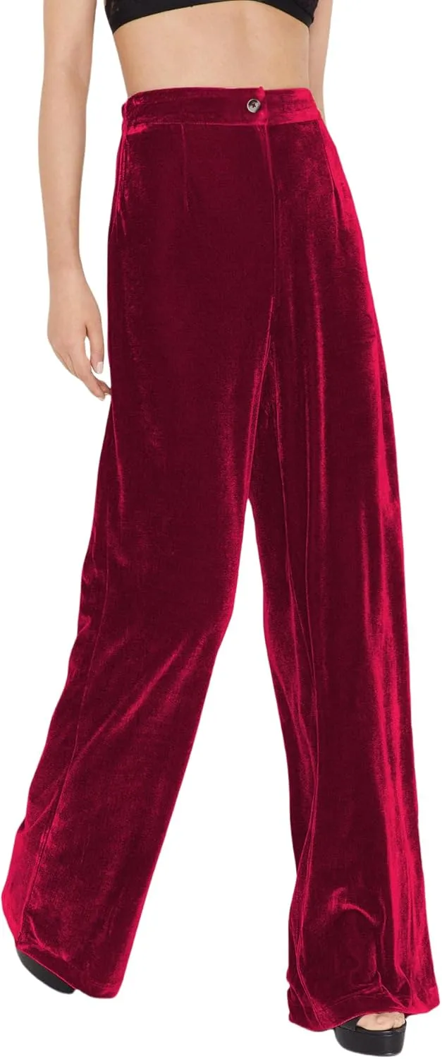 JUMISEE Womens Velvet Wide Leg Pants Elastic High Waisted Palazzo Pants Business Work Casual Trousers with Pockets