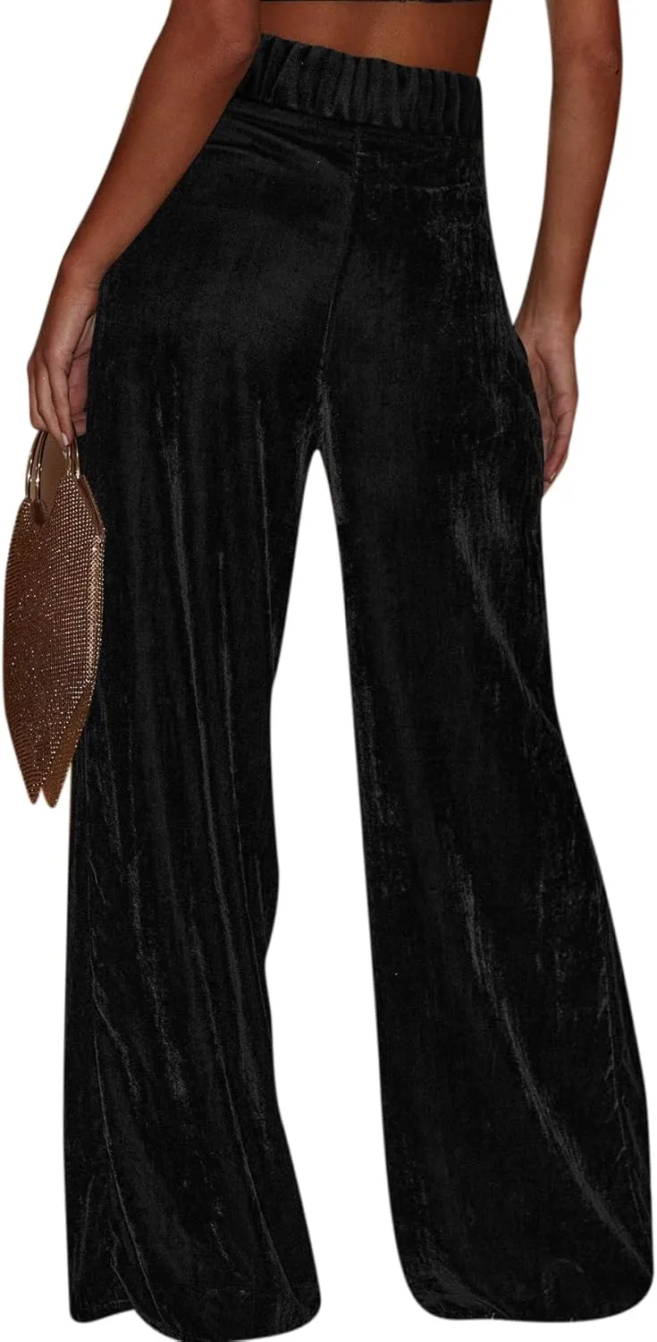 JUMISEE Women’s Velvet Wide Leg Pants Elastic High Waisted Palazzo Pants Business Work Casual Trousers with Pockets