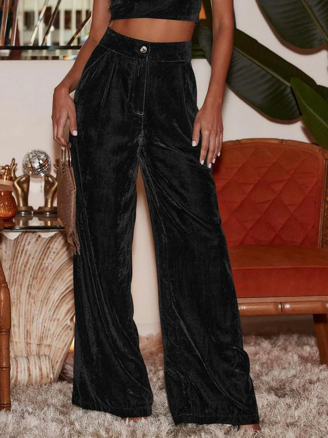 JUMISEE Women’s Velvet Wide Leg Pants Elastic High Waisted Palazzo Pants Business Work Casual Trousers with Pockets