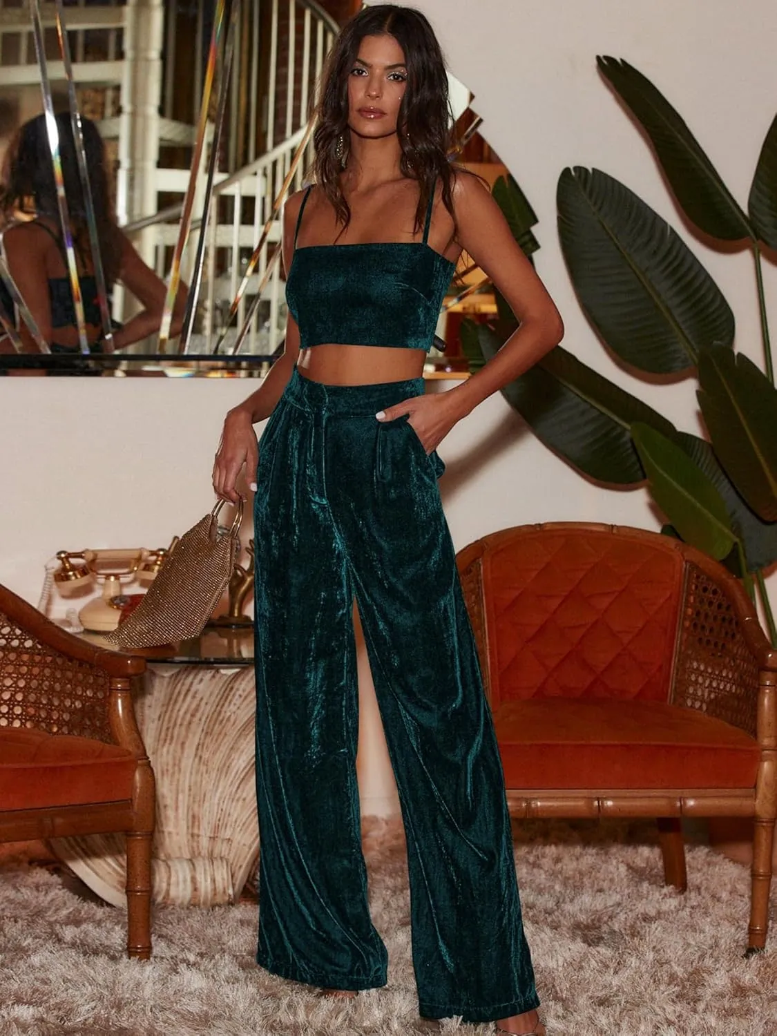 JUMISEE Womens Velvet Wide Leg Pants Elastic High Waisted Palazzo Pants Business Work Casual Trousers with Pockets