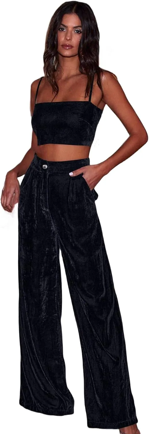 JUMISEE Women’s Velvet Wide Leg Pants Elastic High Waisted Palazzo Pants Business Work Casual Trousers with Pockets