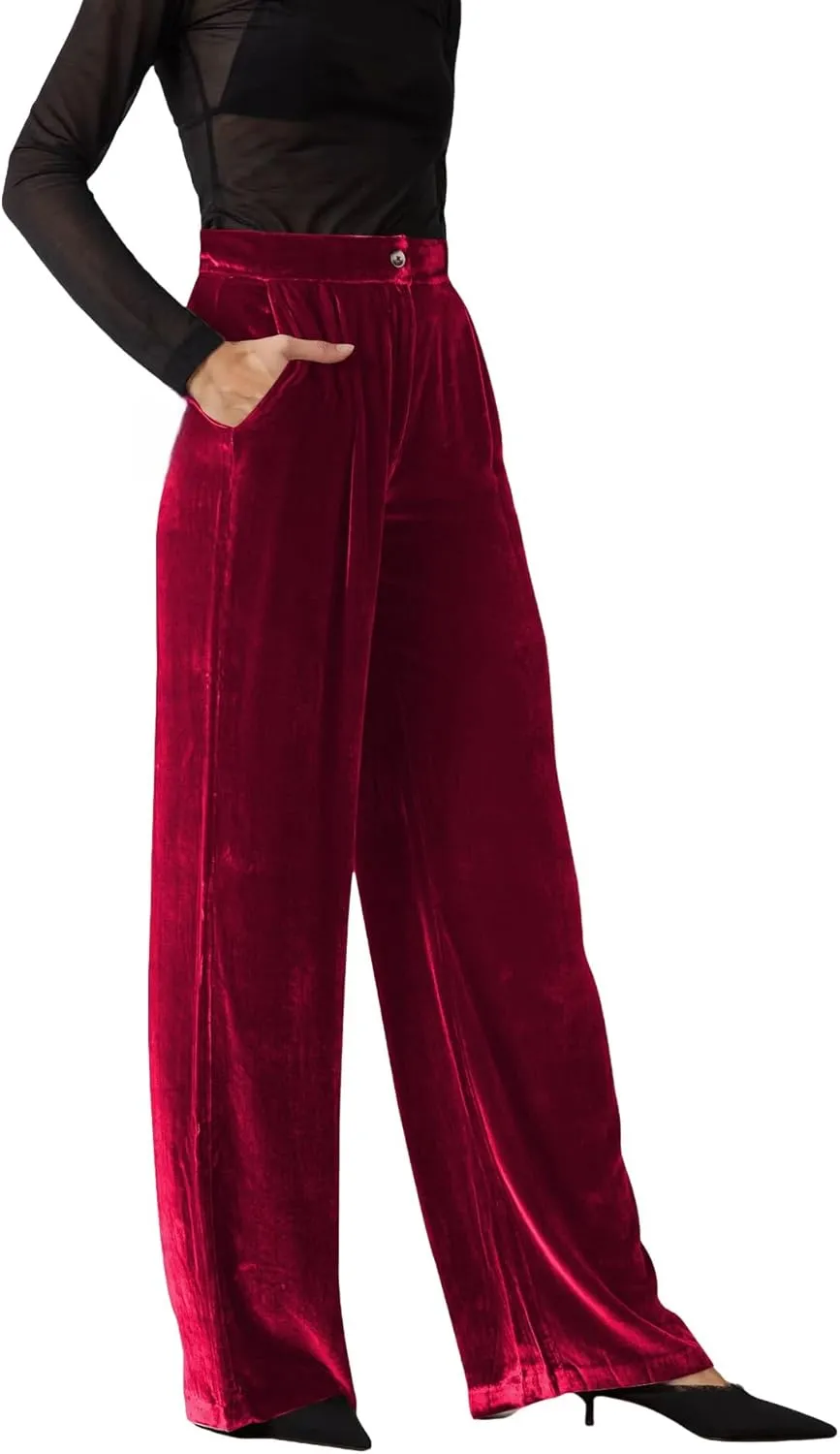 JUMISEE Womens Velvet Wide Leg Pants Elastic High Waisted Palazzo Pants Business Work Casual Trousers with Pockets