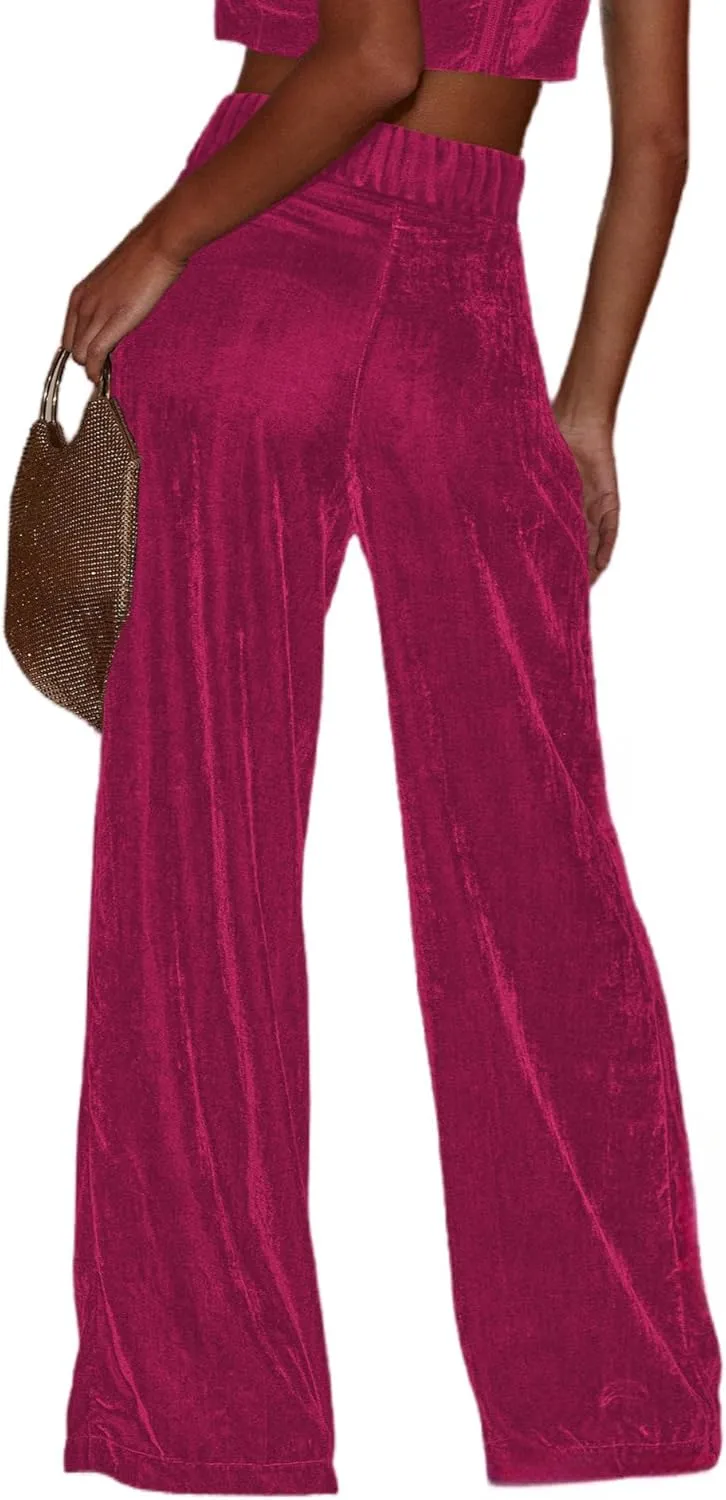 JUMISEE Womens Velvet Wide Leg Pants Elastic High Waisted Palazzo Pants Business Work Casual Trousers with Pockets