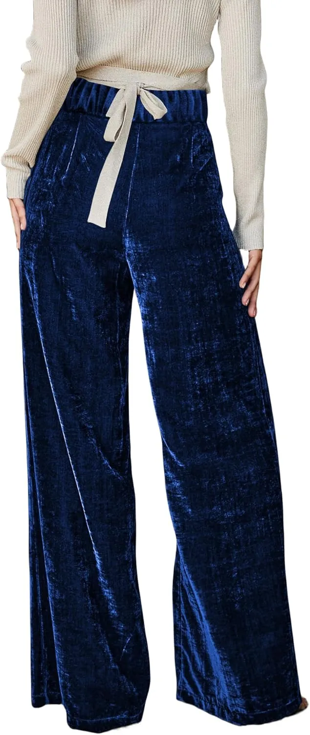 JUMISEE Womens Velvet Wide Leg Pants Elastic High Waisted Palazzo Pants Business Work Casual Trousers with Pockets