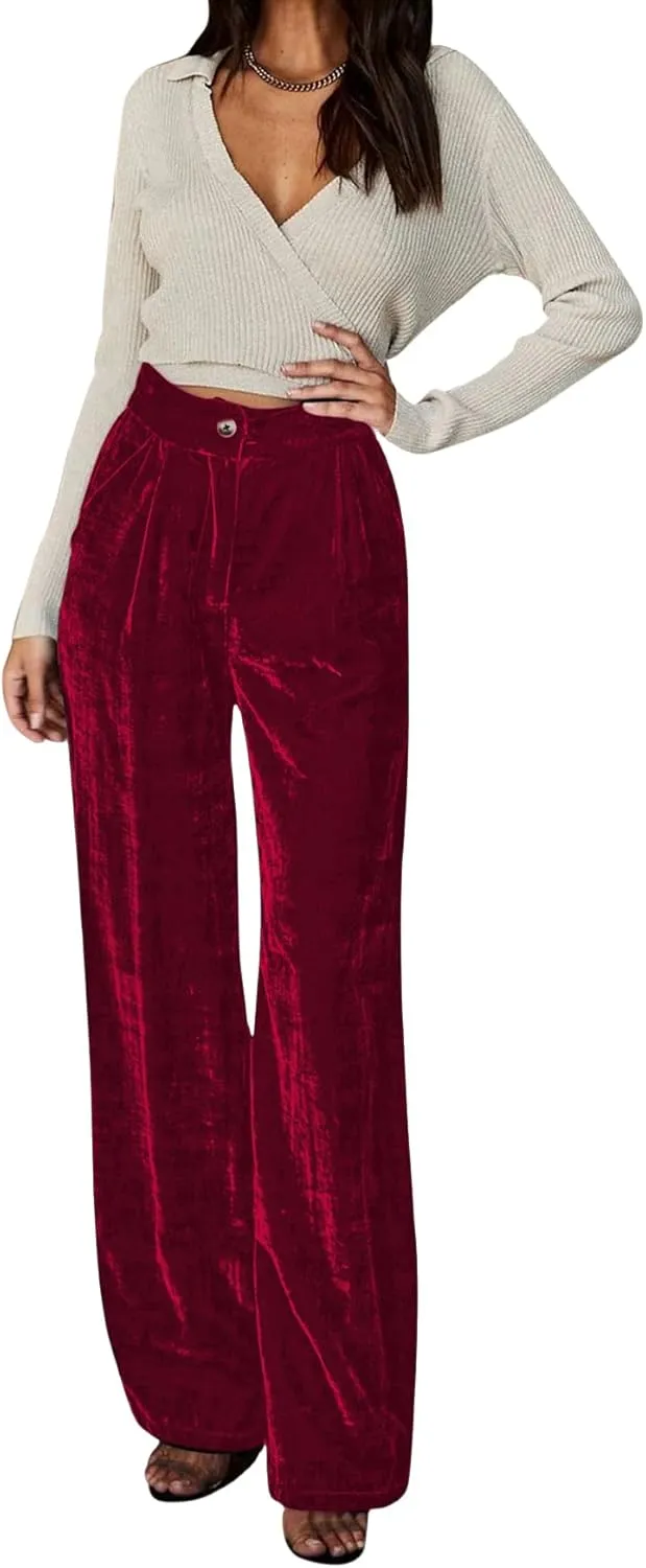 JUMISEE Womens Velvet Wide Leg Pants Elastic High Waisted Palazzo Pants Business Work Casual Trousers with Pockets